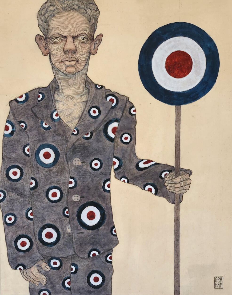 Targeted Man. 2022. pencil and Gouache, on board 28cm x 35cm