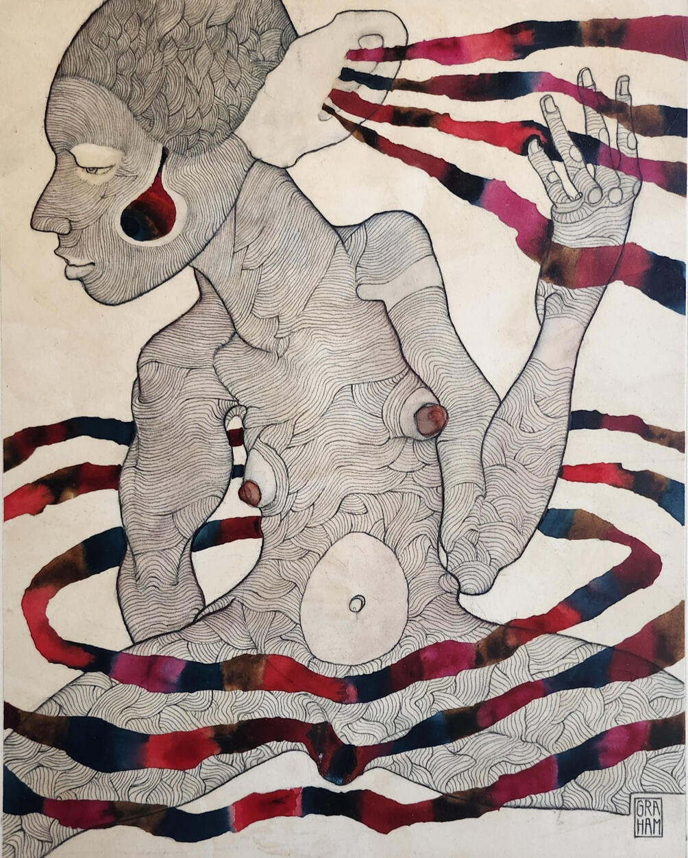 The Ribboned man,2024. pencil and gouache on board 20 cm x 30 cm