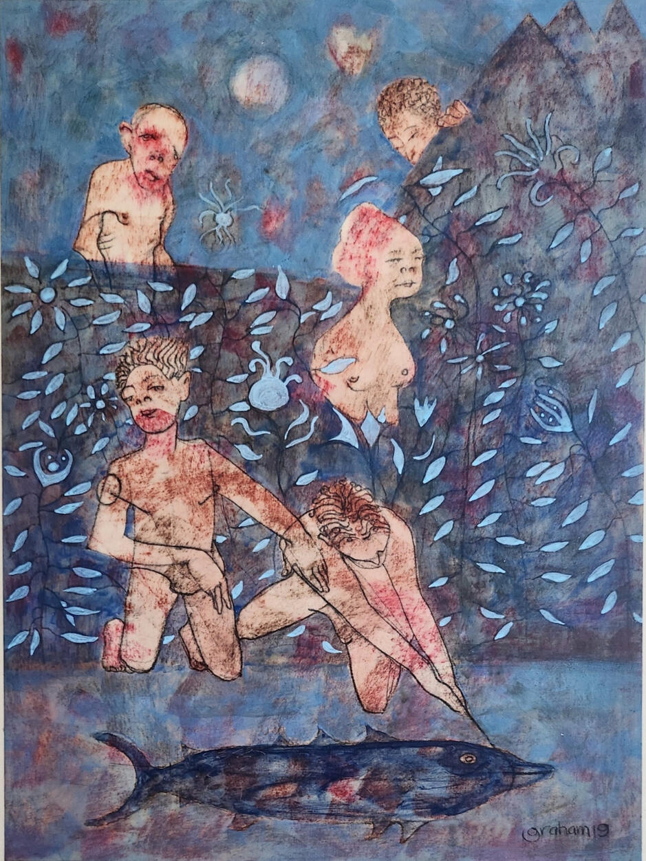 Night Fishing. 2021. pencil, red ink and gouache, on board. 29cm x 39cm